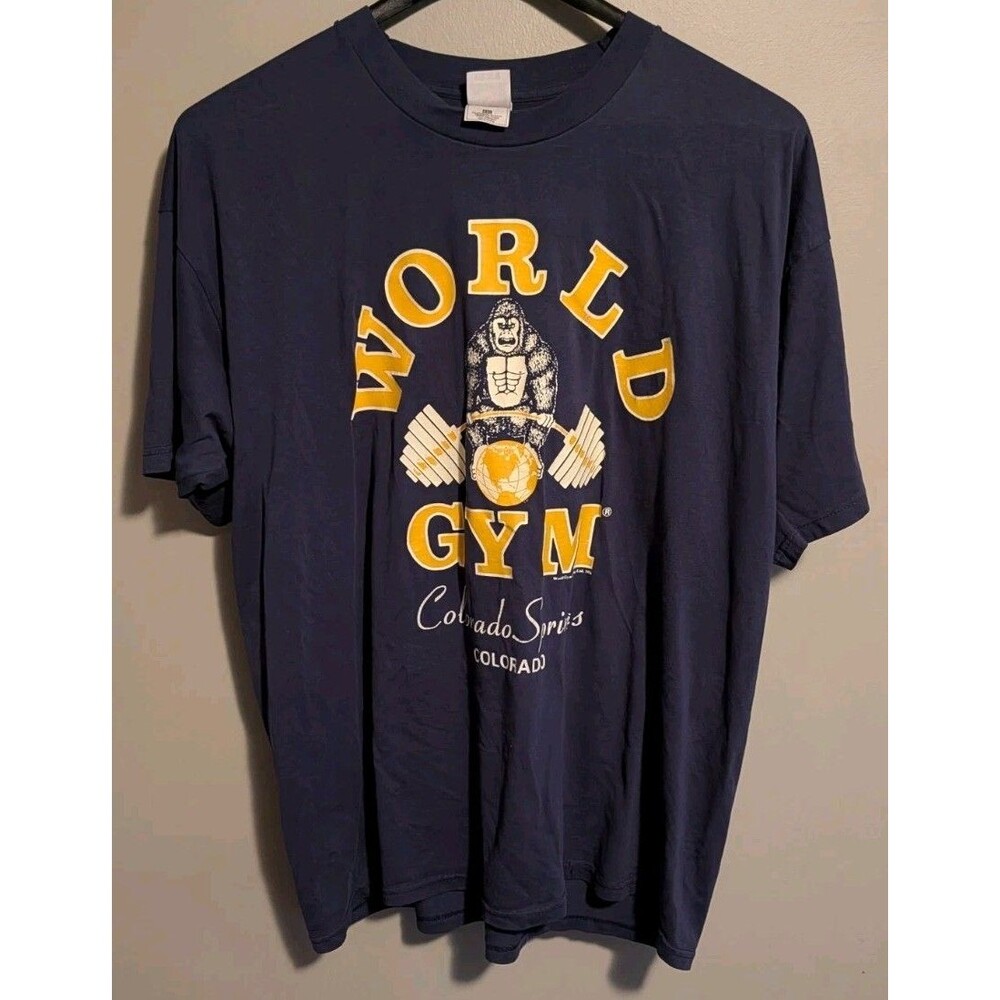 Vintage 1996 World Gym Colorado Springs 2XL Tee Shirt Double Sided Navy Blue